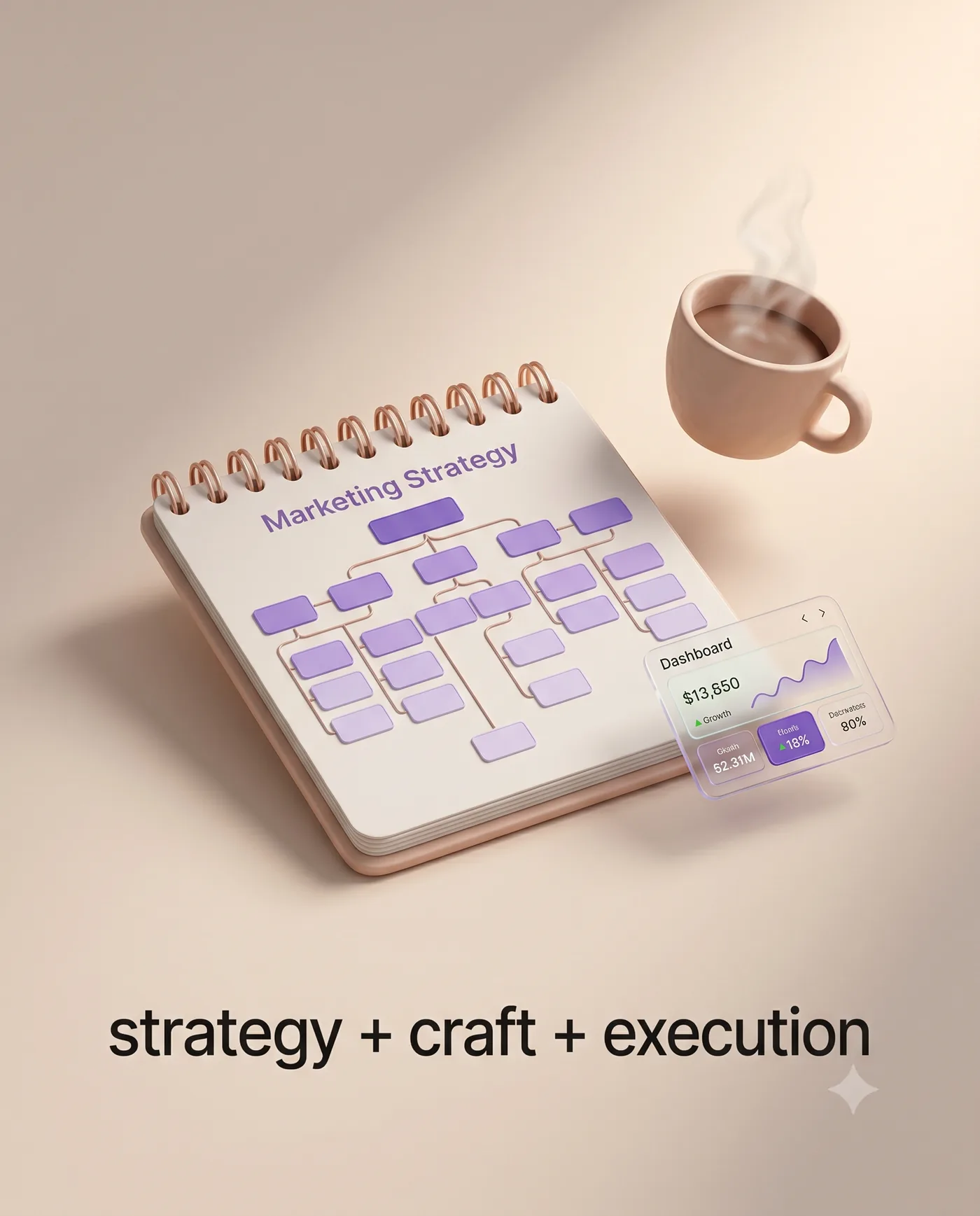 3D editorial: marketing strategy playbook with growth metrics dashboard — the agency philosophy made visual